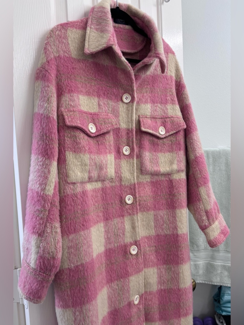 billitodu Pink Plaid Fuzzy Longline Shacket Coatigan - SIZE S (OVERSIZED) - Picture 4 of 16